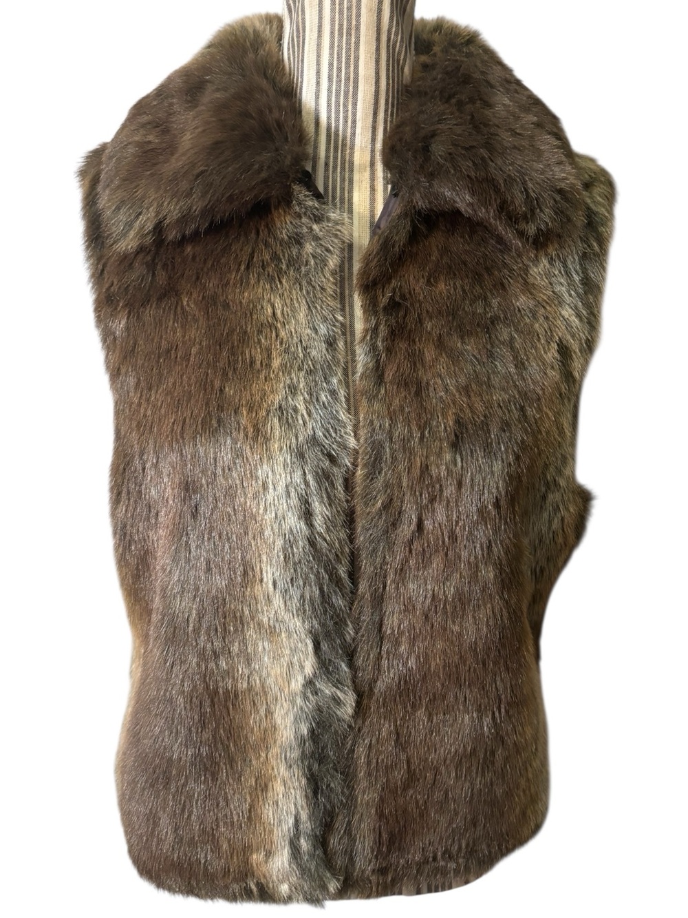 Reversible Vest Medium Faux Fur Brown Tan Luxurious Faux Fur Collar Open Vest